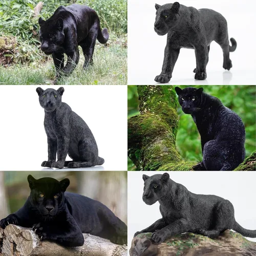 Vista 6 de Toymany 7 Piezas Figuras de Panteras Negras con Cachorro de Pantera y Tronco de Árbol, Figuras Realistas de Animales de la Selva Juego Familiar