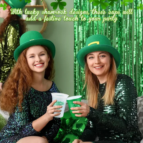 Vista 5 de Pickmesh 50 piezas de vasos de plástico para el Día de San Patricio de 16 onzas con diseño de trébol de la suerte, vasos desechables