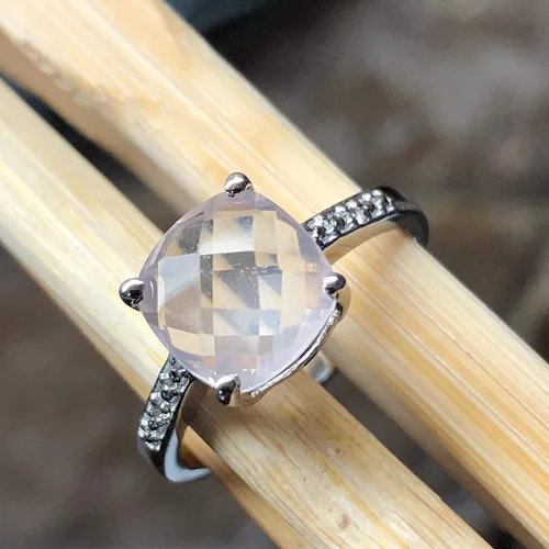 Vista 8 de Natural 1.5ct Pink Rose Quartz, White Topaz 925 Sterling Silver Engagement Ring Size 5, 6, 7, 8, 9