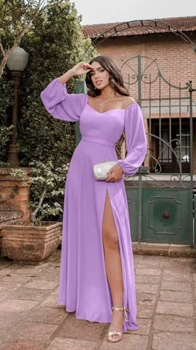 Vista 6 de LOHBT Vestidos de dama de honor con hombros descubiertos para mujer, manga larga, gasa, formal, vestido de fiesta de noche, vestido de graduación