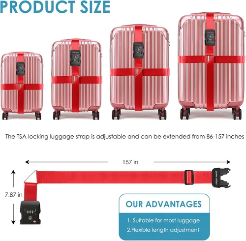 Vista 9 de Travel Inspira - Correas para equipaje aprobadas por la TSA - Cinturón para maletas de longitud ajustable con candado de combinación de 3 dígitos