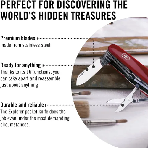 Vista 5 de Victorinox Explorer Navaja Suiza, Navaja de Bolsillo de 16 Funciones Fabricada en Suiza con 2 Hojas, Sacacorchos, Tijeras y Destornilladores - Rojo