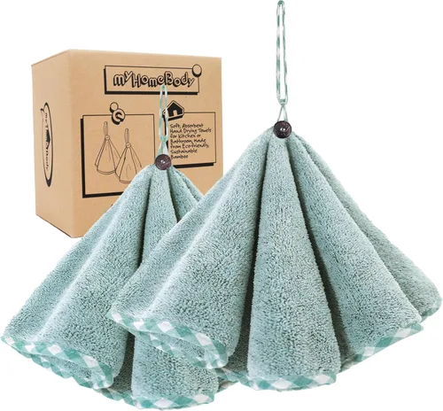 Vista 10 de myHomeBody Toallas de mano con bucles para colgar, ropa de limpieza de fibra de carbón absorbente con botón de cáscara de coco para cocina