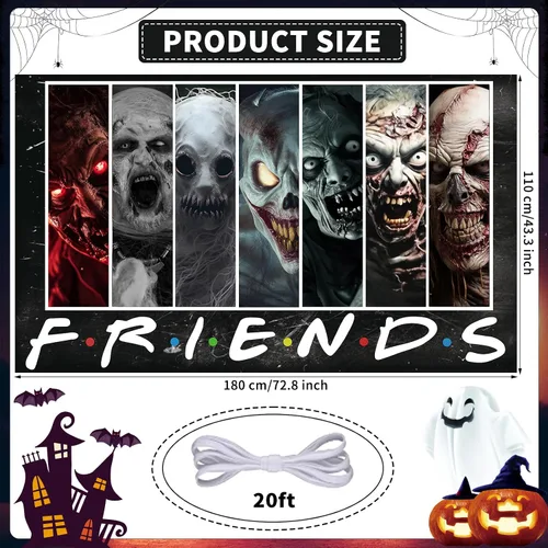 Vista 2 de Telón de fondo de personajes de película de terror, decoración de fiesta de Halloween, pancarta clásica de personajes de películas de miedo