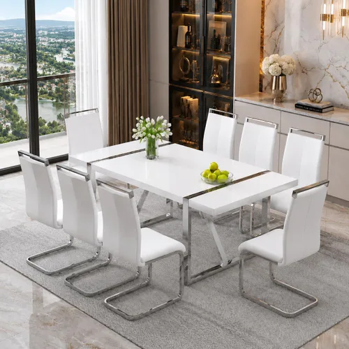 Vista 33 de Mesa de comedor Ebullient para 4, mesa de comedor rectangular negra de MDF, tapa de mesa de cena de mármol falso, mesa de comedor moderna con marco