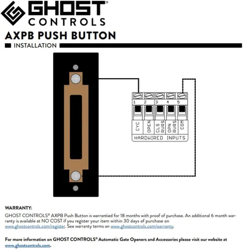 Vista 5 de Ghost Controls AXPB Botón de presión para sistemas de apertura de puertas Permite la activación hasta 1000 pies de distancia de la puerta