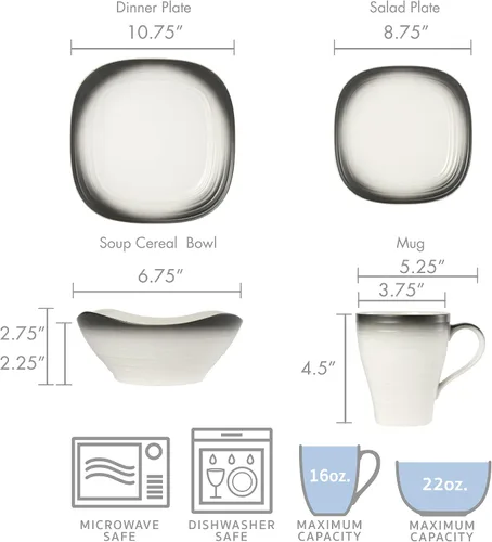 Vista 4 de Mikasa Swirl Square - Juego de vajilla de 16 piezas de grafito degradado, servicio para 4