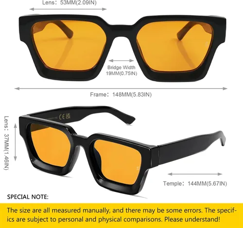 Vista 3 de SHEEN KELLY Gafas de sol rectangulares gruesas retro gruesas para mujeres y hombres, a la moda, cuadrados, negros, montura tipo tortie, gafas