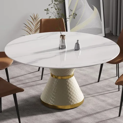 Vista 10 de Mesa de comedor moderna de 53 pulgadas, mesa de comedor de piedra sinterizada con base de acero al carbono negro, mesa de comedor redonda de 53