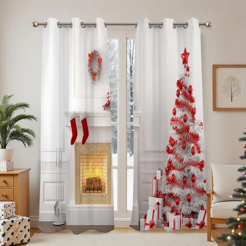 Vista 18 de Renaiss Cortinas opacas de Navidad con tablones de madera rústica para dormitorio, con ojales, estampado de copos de nieve navideños, cortinas
