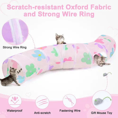 Vista 6 de Glittme Túnel para gatos, túneles para gatos de interior, cueva de gatos en forma de S con juguetes para gatos, tubos plegables para gatos y túneles