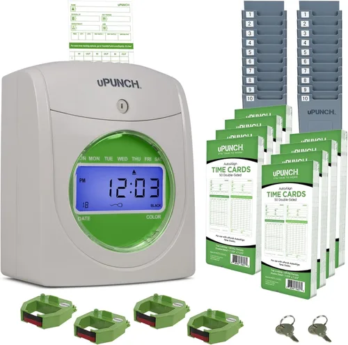 Vista 9 de uPunch HN1500, paquete inicial de reloj registrador para pequeñas empresas: sistema de reloj de punzonado para empleados con 100 tarjetas, estante