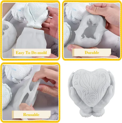 Vista 4 de Molde de resina de corazón de mano, moldes de silicona para velas de corazón, regalo del día de San Valentín, vela 3D, molde de resina epoxi
