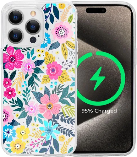 Vista 33 de Funda magnética de flores para iPhone 15 [compatible con MagSafe] Bonito patrón floral transparente a prueba de golpes