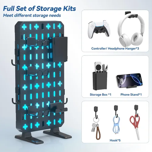Vista 3 de KDD RGB Desk Pegboard Organizer - Compact Freestanding Gaming Desk Decor with Controller & Headphone Holder, Storage Box, Hooks, Phone Stand - No