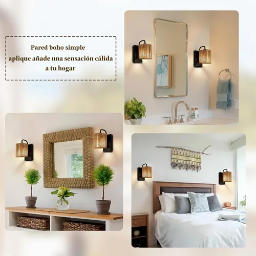 Vista 4 de Aplique de pared boho de ratán apliques de cuerda de cáñamo Estilo de ratán tejido