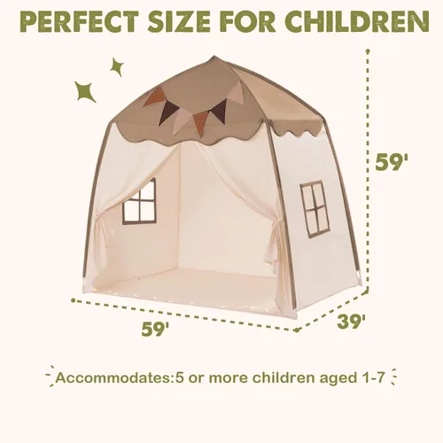 Vista 5 de Tienda de Juegos Extra Grande para Niños con Banderas y Luces de Estrella, Tipi Portátil y Plegable, Tiendas de Cama Dosel de Cama para Niños
