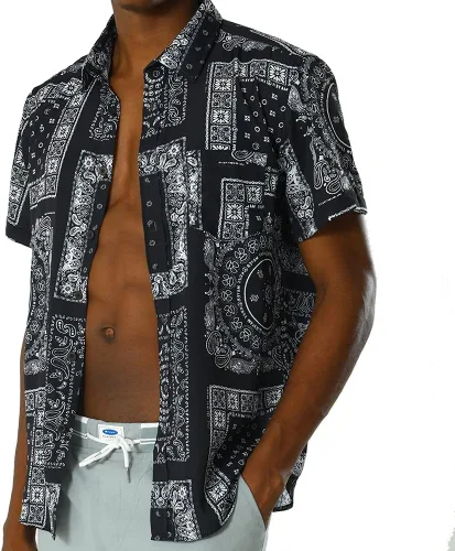 Vista 3 de MCEDAR Mens Casual Button Down Short Sleeve Paisley Printed Summer Vintage Beach Vacation Shirts