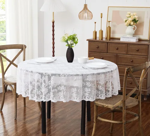 Vista 18 de ASATEX Camino de mesa de encaje de lino dorado de 14 x 36 pulgadas con 2 borlas. El patrón floral clásico y elegante es la opción ideal