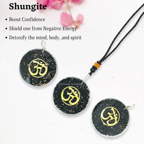 Vista 4 de Amazing Gemstone Shungite - Collar con colgante redondo de orgonita para protección, potente colgante de orgón para hombres, mujeres y niños (OM)