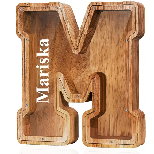 Vista 25 de Alcancía de madera grande personalizada con letras – Alcancía de letras para niños y niñas, regalo de cumpleaños (A)
