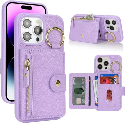 Vista 75 de Funda para iPhone 14 Plus con tarjetero, color negro Funda con cremallera y ranura para mujer y hombre