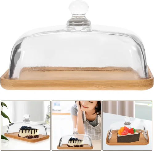 Vista 6 de Hemoton Plato de vidrio transparente para tartas con base de madera y cubierta de cúpula – 6.69 x 4.52 x 3.50 pulgadas, bandeja de postre