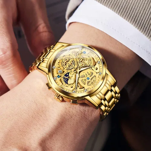 Vista 4 de OLEVS Reloj de pulsera para hombre, esqueleto de acero inoxidable, cronógrafo de cuarzo de lujo, impermeable, relojes luminosos para hombre