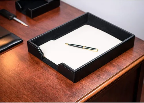 Vista 4 de Dacasso Bandeja de escritorio de cuero regenerado, soporte de cartas de lujo y organizador de papel para escritorio, 13.5 x 10.5 x 2.13 pulgadas