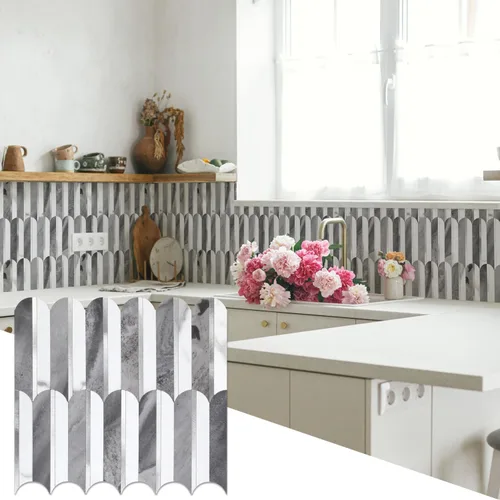 Vista 11 de 10 hojas de escamas de pescado para despegar y pegar para azulejos de pared de cocina, 12 pulgadas, mármol marrón, mezcla de metal dorado, azulejos