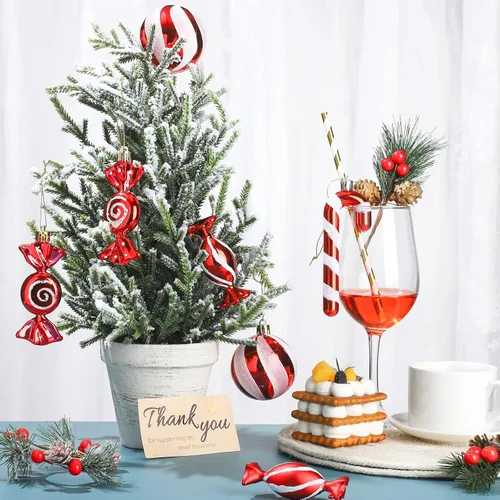 Vista 7 de Aoriher 24 piezas de adornos de bastón de caramelo de Navidad, rojo y blanco, de plástico, bastón de caramelo de menta, decoraciones de Navidad