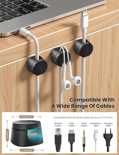 Vista 3 de Kanemc Clips de cable para escritorio, organizador magnético de alambre giratorio de 360°, gestión de cables autoadhesivos para escritorios