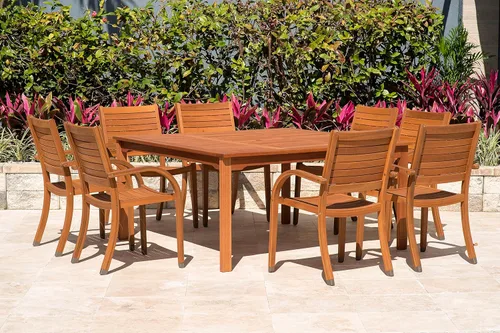 Vista 22 de Brampton Patio Brampton Coventry - Juego de comedor rectangular de 5 piezas, acabado de teca oscura y sillas apilables, ideal para patio y exteriores