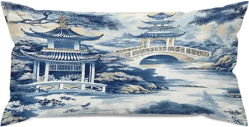 Vista 26 de Chinoiserie - Fundas de almohada decorativas de porcelana azul y blanca con patrón de edificios de estilo chino de 12 x 20 pulgadas, fundas de cojín