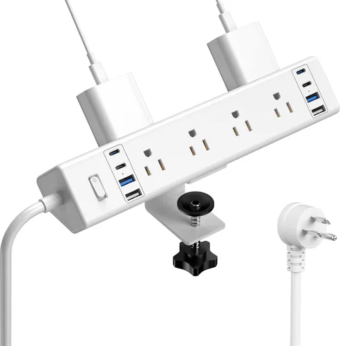 Vista 8 de Estación de carga rápida de 40 W, regleta de alimentación con abrazadera de escritorio 20 W USB C, 8 tomacorrientes, 8 puertos USB, 4 USB C y 4 USB