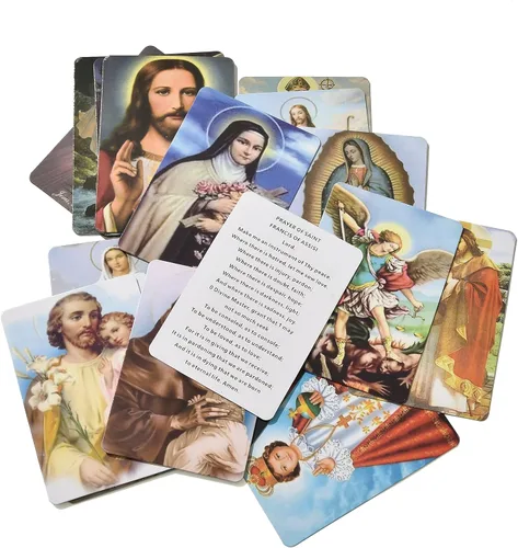 Vista 6 de SZQCZB Rosario - Collar católico con medalla del suelo sagrado Crucifijo con caja de metal y 18 tarjetas de oración