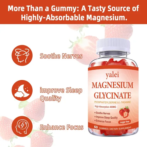 Vista 3 de Gomitas de glicinato de magnesio de 400 mg con L-teanina, fosfatidilserina, sueño, estrés y alivio muscular, para adultos y niños, sin OMG, veganas