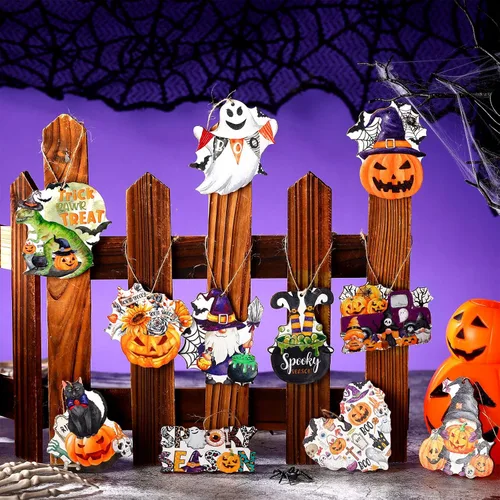 Vista 6 de 36 adornos colgantes de madera de Halloween, calabaza, murciélago, fantasma, gato negro, colgante de rebanadas, decoración de madera para el hogar