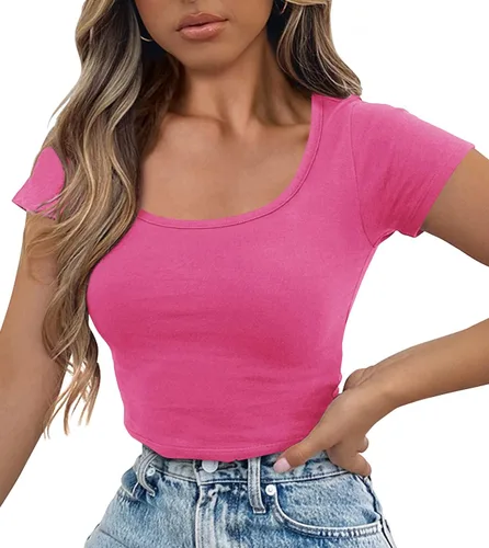Vista 2 de Artfish Camiseta básica de manga corta para mujer, cuello redondo, ajustada, para entrenamiento, para adolescentes
