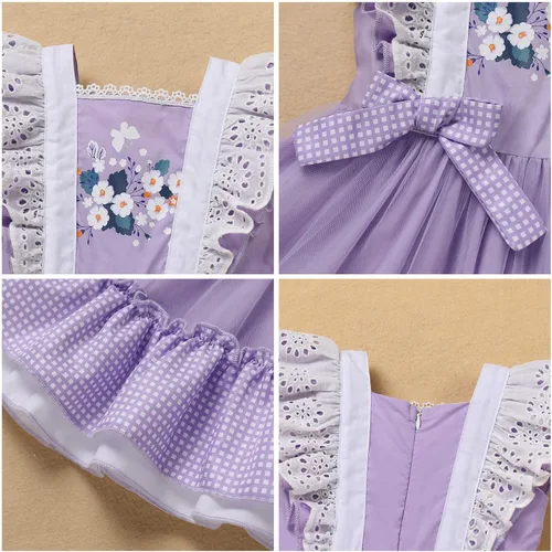 Vista 5 de Vestido de princesa a cuadros para bebé, sin mangas, vintage, de encaje, a cuadros, vestido de princesa acampanado con diadema