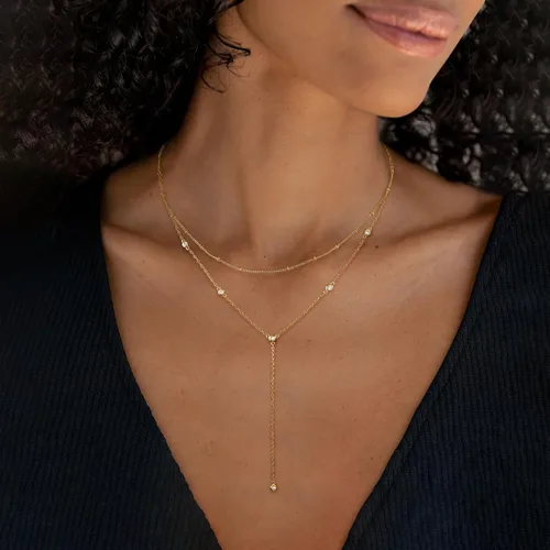 Vista 3 de Collar de oro para mujer, delicados collares largos chapados en oro de 14 quilates, barra de graduación, collar de lariat de circonita cúbica