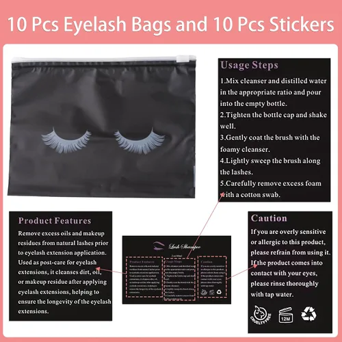 Vista 6 de Kit de limpieza de extensiones de pestañas 50pcs para clientes (negro) 10pcs Lash Brushes,10pcs Eyelash Cleaning Brush,10pcs Lash Bottles,10pcs