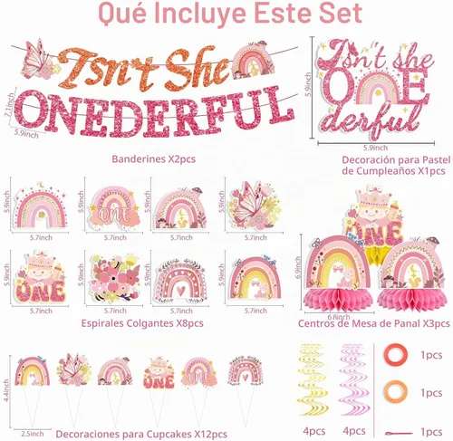 Vista 2 de 35 decoraciones de cumpleaños con texto en inglés "Isn't She Onederful", decoraciones de primer cumpleaños para niñas, fácil instalación, incluye