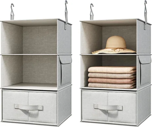 Vista 10 de Vailando Organizador de Armario Colgante de 3 Estantes, Juego de 2 Estantes Colgantes con 2 Cajones para Vestidor, Guardería, Almacenamiento y Beige