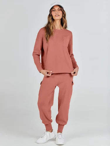 Vista 2 de ANRABESS Conjuntos de dos piezas para mujer, conjuntos de suéter de punto de manga larga, sin botones, pantalones cargo para correr, conjunto a