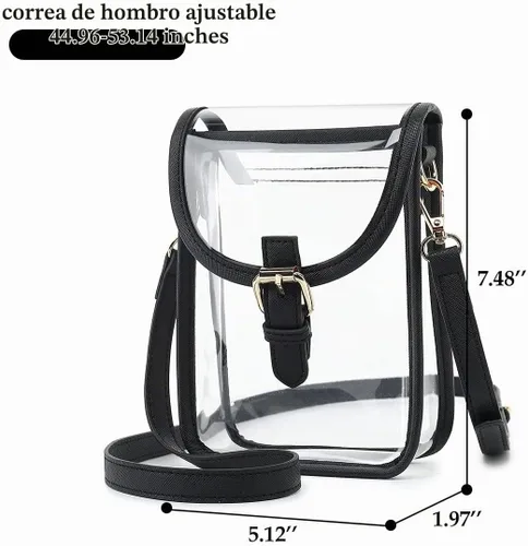 Vista 7 de FAIME Pequeña bolsa transparente aprobada para estadios, bolsa cruzada transparente para teléfono celular con correa ajustable para conciertos Negro