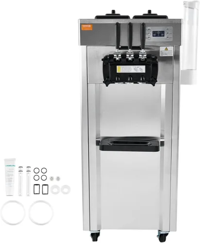 Vista 9 de Máquina comercial de helado de servicio suave de 1850 W, 3 sabores, 5.5-8.2 galones/hora, limpieza automática, panel LCD, acero inoxidable