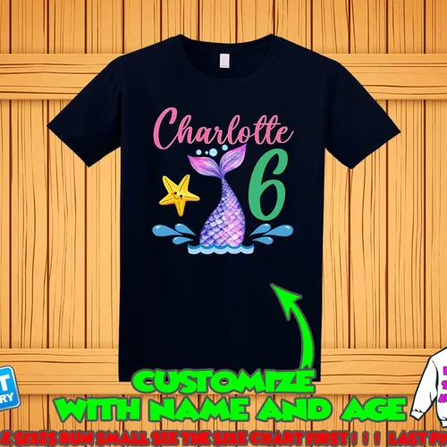 Vista 8 de Camisa de cumpleaños de sirena, camiseta personalizada con cola de sirena, camiseta de sirena personalizada, camisas familiares de sirena, camisetas