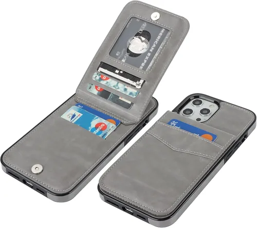 Vista 14 de KIHUWEY - Funda tipo cartera para iPhone 12 Pro Max, soporte para tarjetas, color negro Ranuras para tarjetas de crédito, piel sintética, cierre