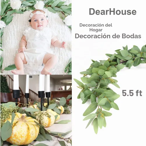 Vista 2 de DearHouse Guirnalda de Eucalipto con Semillas de 5.5 pies, Enredaderas Artificiales Hojas de Eucalipto Sintético Guirnalda de Mesa Vegetación
